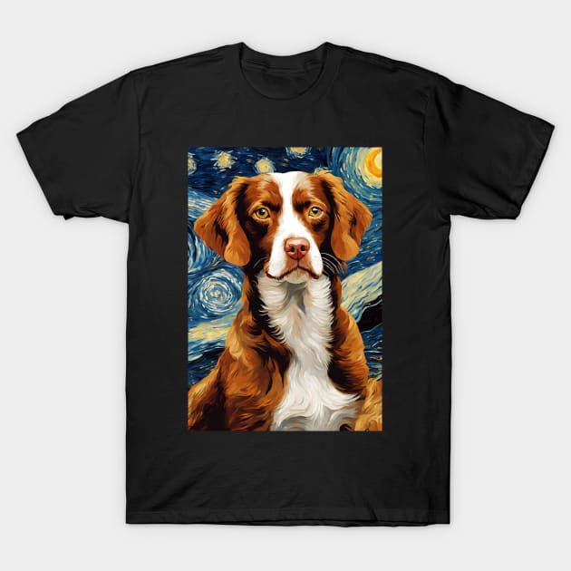 Adorable Brittany Spaniel Dog Breed Painting in a Van Gogh Starry Night Art Style T-Shirt by Art-Jiyuu